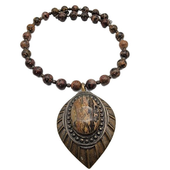 Picture Jasper Beaded Choker Necklace with Large Pendant 18” - Picture 1 of 5